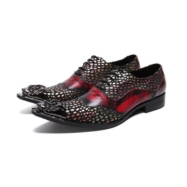 

dress shoes leather men genuine red wedding lace up metal pointed toe print mens lether spring autumn, Black