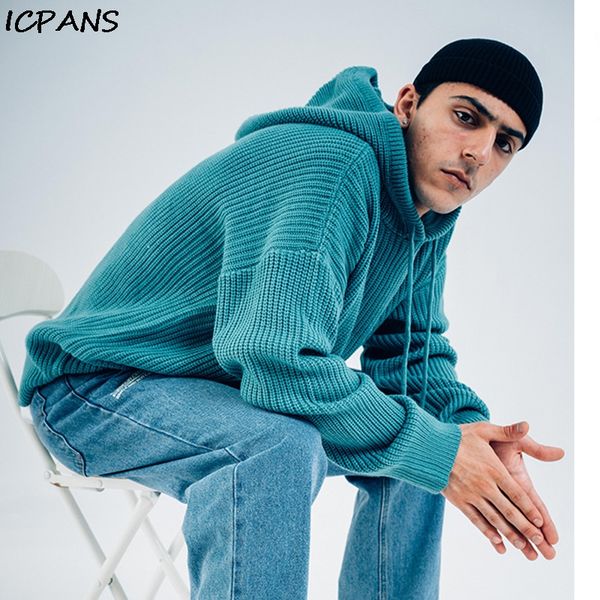 

icpans hip hop streetwear mens sweater pullovers hooded loose oversized hiphop cotton kintting 2020 new fashion sweaters, White;black