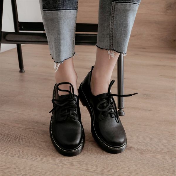 

layumi's girl single shoe circle head cow genuine leather small shoes women loafers casual platform lace up shoes, Black
