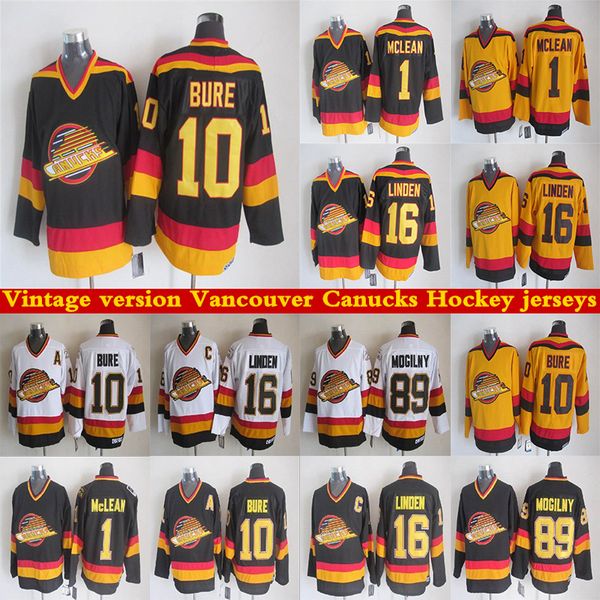 

men's vancouver canucks ccm vintage throwback jerseys 10 bure 16 linden 89 mogilny 1 mclean retro hockey jerseys, Black;red