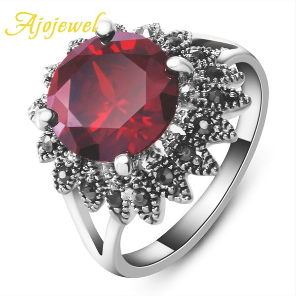 

ajojewel size 7-9 antique zinc alloy vintage rings with stones red black zircon jewelry flower accessory, Golden;silver