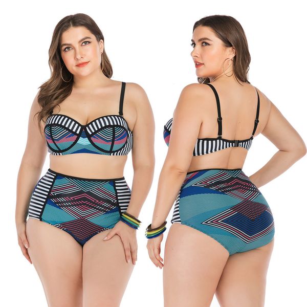 

women's plus size high waist striped two piece bikini sets swimsuit retro push up bathing suit from l-4xl