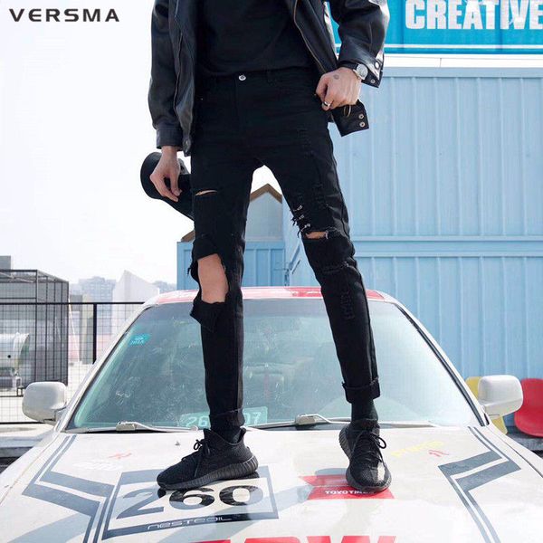 

versma korean style rock swag straight biker denim jeans men pants hip hop slim fit pencil pants men ripped jeans dropshipment, Blue