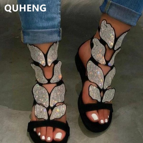 

summer women's sandals fashion roman rhinestone cross butterfly decoration female flat shoes ladies cutout open toe sandals, Black