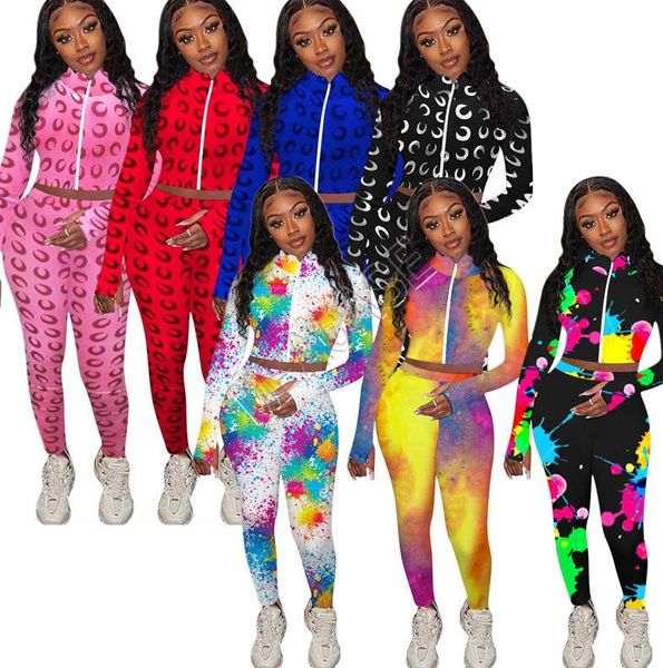 

женщины tracksuit конструктор полный печати tie-краситель печатные zipper finger jumper с длинным рукавом куртки спортивные брюки комплект и, Gray