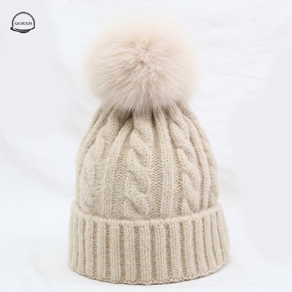 

real fur pompom wool winter hat for women girls knit skullies beanies thick warm velvet fleece bonnet femme natural pom pom hat