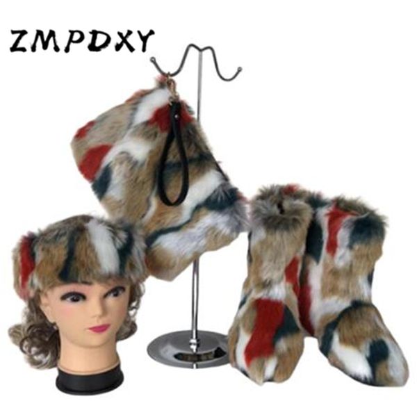 

winter ladies plush high platform boots women's fake fur snow boots bag sets headband female rain cotton shoes platform, Black