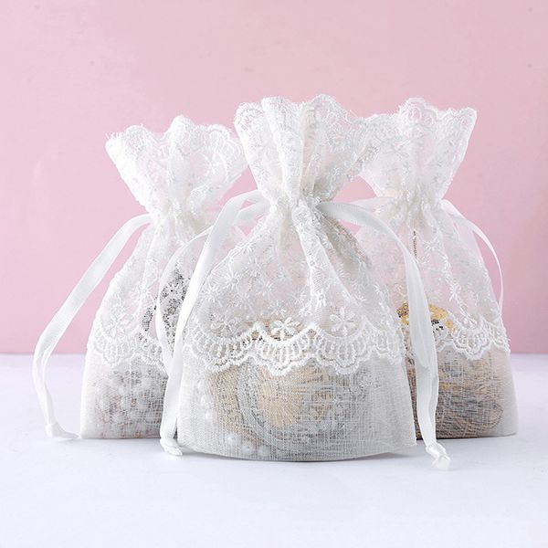 

storage bags 10*14cm creative jewelry bag white star lace high-grade wedding gift candy rope slub yarn