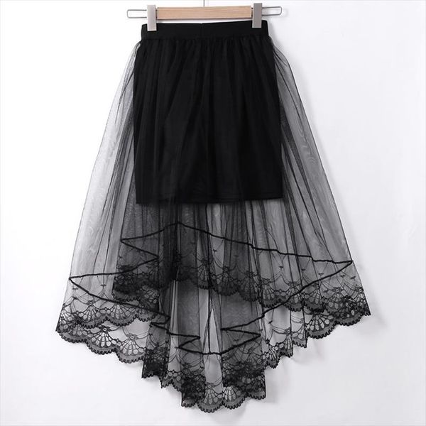 

vintage women stretch high waist visible mesh tulle lace floral long maxi skirt flared pleated swing long summer skirts, Black