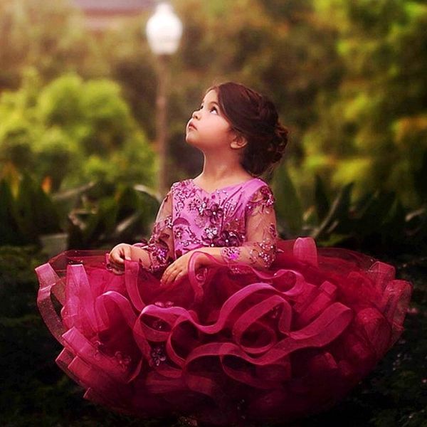 

Full Layered Tutu Pageant Dress For Girls Jewel Neck Sequin Applique Lovely Kids Formal Wear 2017 Flower Girl Dress Fitted with Long Sleeve
