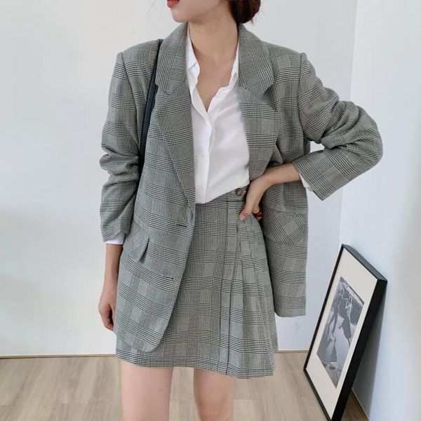 

comel2020 autumn winter vintage plaid women sets 2 pieces matching chic blazers short pleated skirts ladies elegant suits, White
