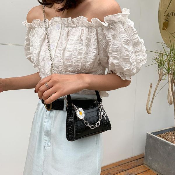 

women vintage daisy flower handbag female portable pu chain small shoulder totes youth ladies simple versatile bag