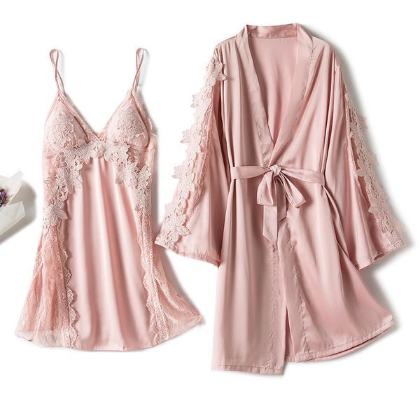 

women's sleepwear women pajamas sets satin silk 2 pieces nightwear pyjama spaghetti strap lace sleep lounge robe, Black;red