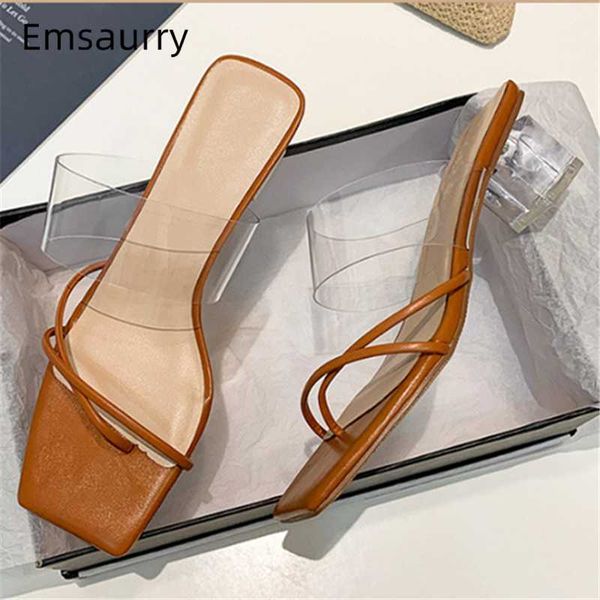

transparent pvc one-strap summer shoes woman clear crystal square heel square open toe narrow band slippers women, Black