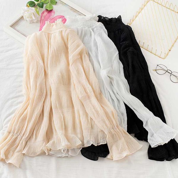 

elegant women summer flare sleeve striped basic ruffles chiffon shirt vintage lady elastic slim pullover mesh gauze blouse, White