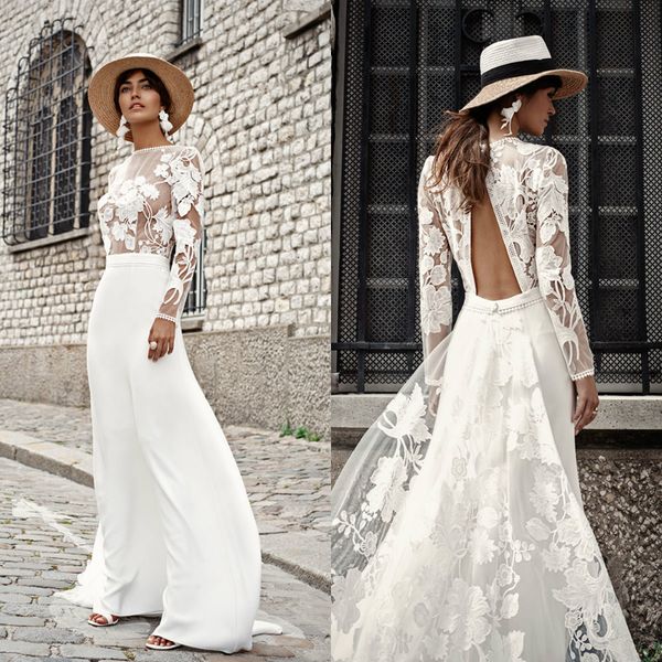 

long sleeves beach wedding dresses bateau neck lace appliqued backless a line bohemian wedding dress custom made vestidos de novia, White