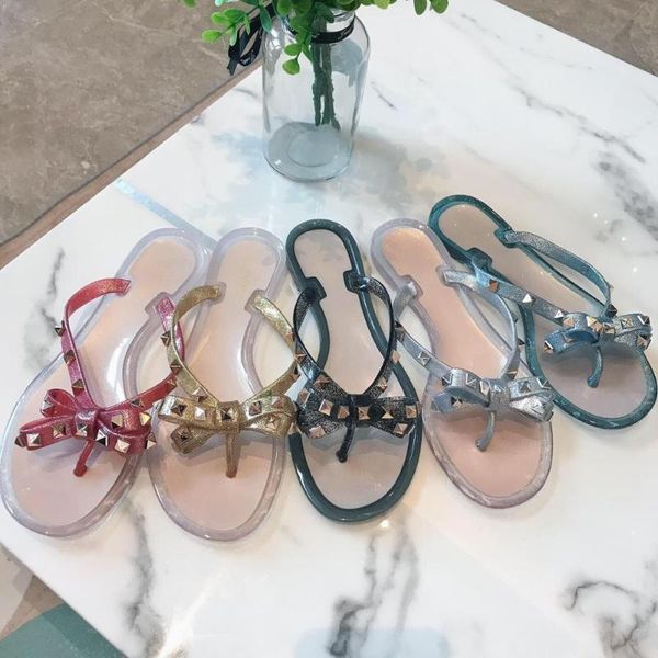 

zapatos de mujer shoes women summer flats slippers rivet slippers butterfly knot beach woman flats, Black
