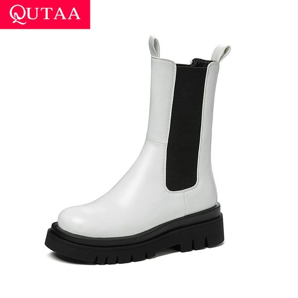 

qutaa 2021 pu leather square med heel autumn black winter mid calf boots round toe western style fashion women shoes size 34-43