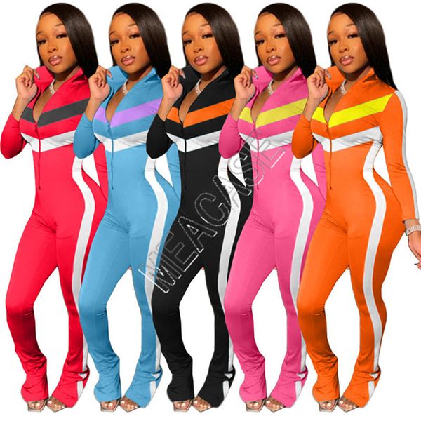 

women's patchwork jumpsuits rompers zipper long sleeve stand collar legging pants overalls casual fashion ladies onesies bodysuits d820, White