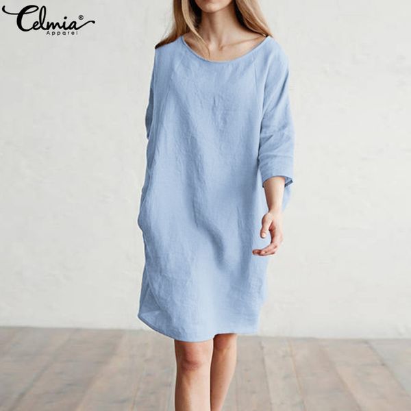 

celmia 3/4 sleeve pockets vintage dresses cotton linen long shirt dress women ladies casual loose solid mini vestidos plus size, Black;gray