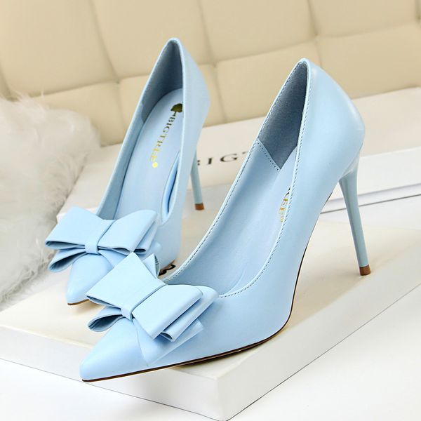 

sweet bowknot slip-on women shoes soft leather shallow pointed office shoes women pumps autumn fashion high heels shoes, Black
