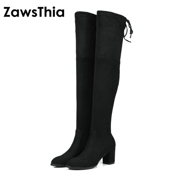 

boots zawsthia 2021 stretch women fashion over the knee block square heel woman shoes black size 34-43