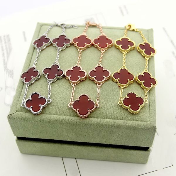 

europe america lady women brass vintage 1.5cm five motifs onyx mother of pearl malachite carnelian four leaf flower 18k gold chain bracelet, Black
