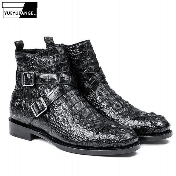 

british double buckle ankle boots men luxury business genuine leather shoes men designer crocodile leather black dress shoes