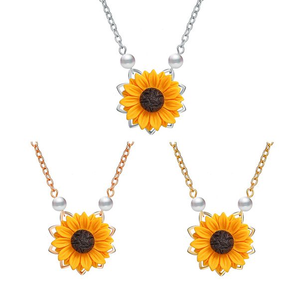 

charm sunflower pendant chain drop necklaces for women simple pearls princess girl bride bridesmaid choker necklace, Silver