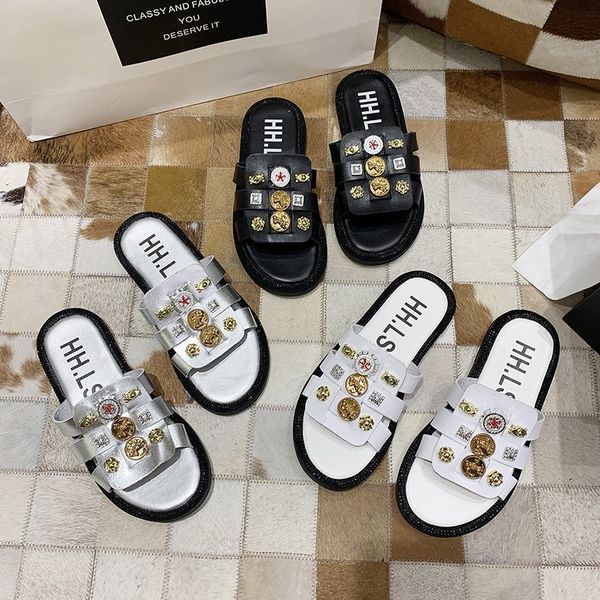 

women summer flat buttons slides sweet outdoor slides leisure beach shoes non-slip home slippers fashion sandals cute flip flops, Black