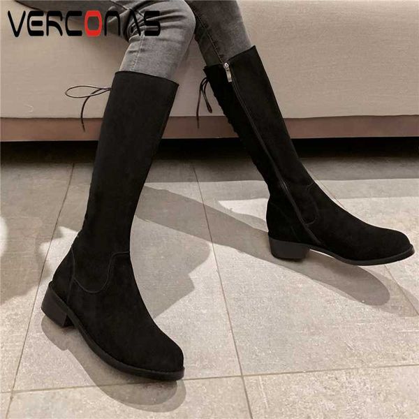 

verconas new women knee-high boots autumn and winter casual cow suede fashion elegant concise side zipper slim long boots woman, Black