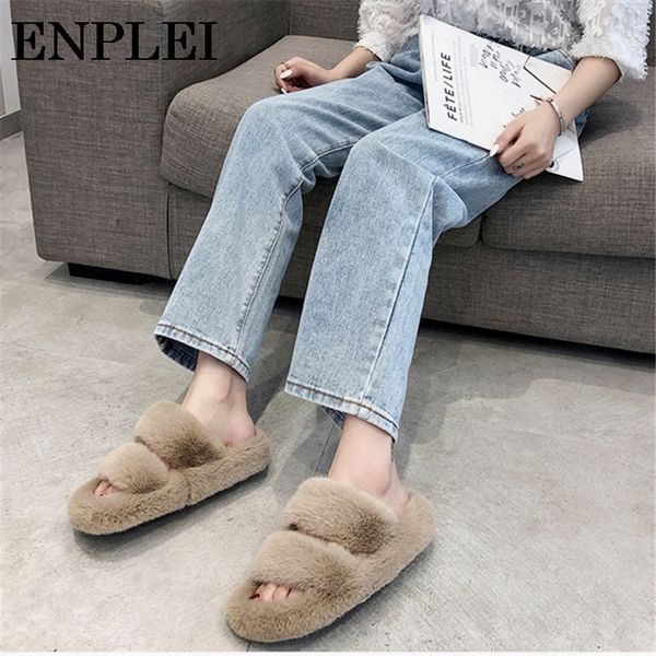 

enplei slippers fashion warm shoes woman slip on flats house fuzzy fur furry slides cozy home winter flock pu female size 35-40, Black
