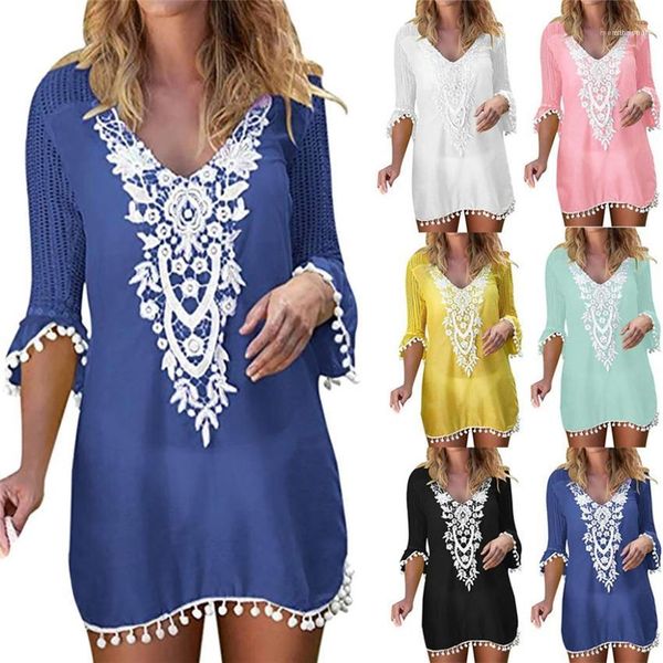 

dresses summer lace patchwork hollow beach dress women swimwear tassel puff sleeve cover up beach wear v neck ladies, Black;gray