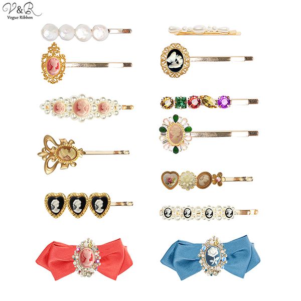 

new trendy hair pins 2020 vintage portrait hair clip pin accessories with heart pearl flower butterfly, Golden;silver