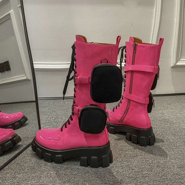 

pink motorcycle boots pocket combat shoes women's knee high flat platform winter long boots, Black