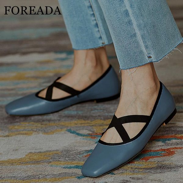 

foreada natural genuine leather flat shoes women shoes ballet flats dress square toe female footwear beige red blue size 34-39, Black