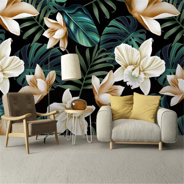 Milofi costume grande mural wallpaper simples Nordic parede de fundo pintados à mão flores tropicais planejador de banana sala de estar