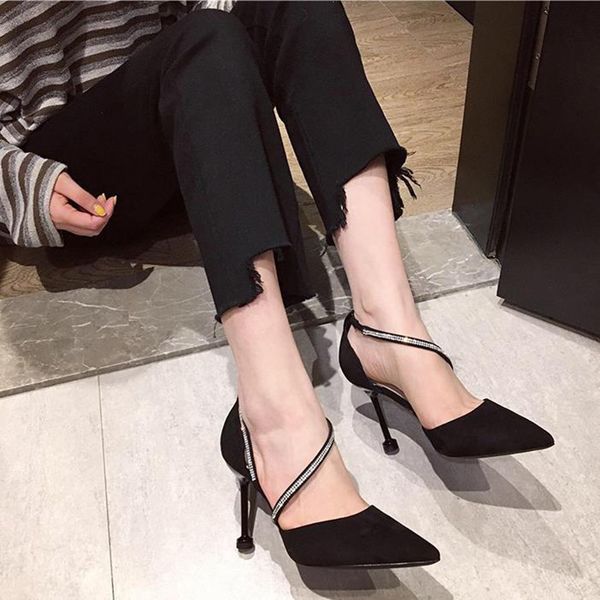 

2020 fashion summer women sandal new rhinestone sandals pointed thin heel sandal french girls' high-heeled shoes, Black