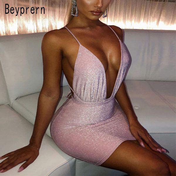 

beyprern spaghetti strap metallic sequins mini dress boho womens back cross plunging v neck bandage party dress wholesale, Black;gray