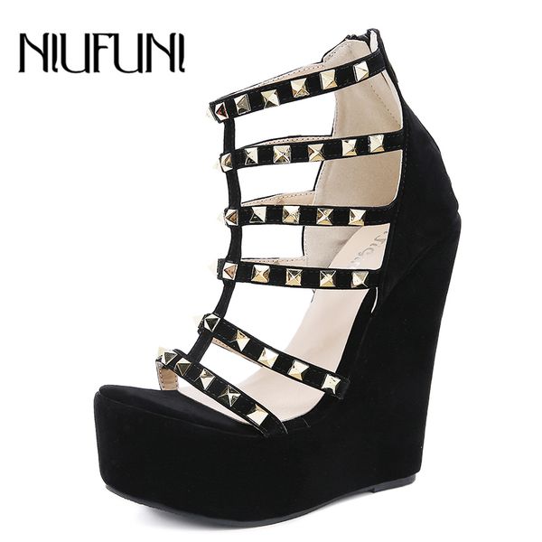 

women's rivet sandals wedge platform gladiator plus size 35-42 peep toe zipper high heels summer footwear shoes for women, Black