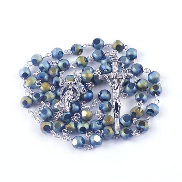 

round faced 6mm crystal beads shimmer crucifix necklace catholic rosary, Silver
