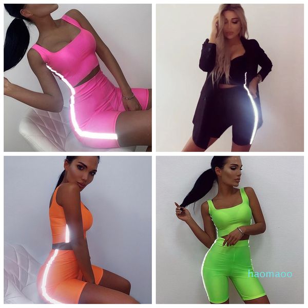 

women reflective stripe outfits sport suit t-shirt set tracksuit tank crop tight short 2pcs slim jogging sportswear, White