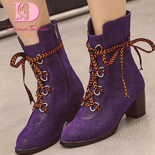 

doratasia big size 48 fashion vintage 2020 chunky heels shoelaces autumn winter shoes women western boots, Black