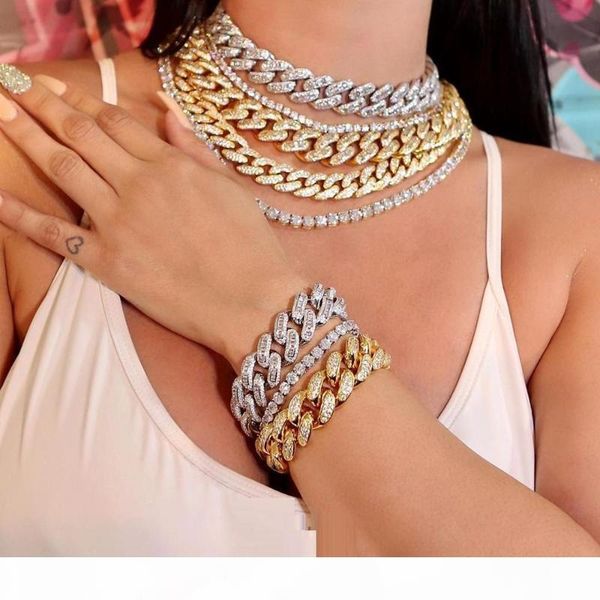 

iced out hiphip bling miami cuban link chain bracelet for punk men micro paved 5a cubic zirconia wide band party jewelry gifts, Golden;silver