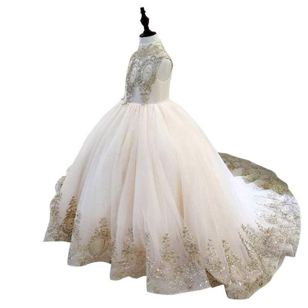 

little girls pageant dresses gold kids ball gowns puffy first communion dress birthday party long train flower girl dresses, Red;yellow