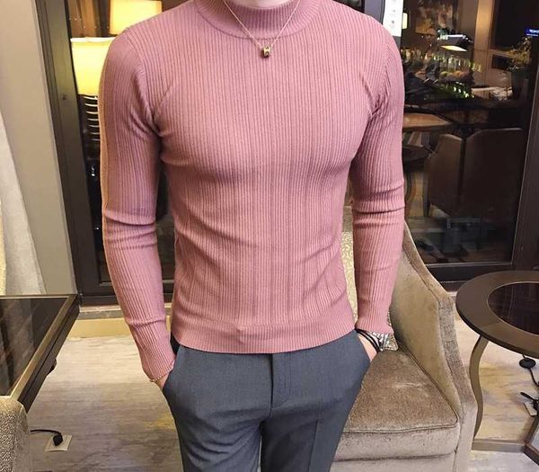 

new autumn winter high collar striped sweater fashion boutique solid color men's casual knit pullover tight fashion mens sweater, White;black