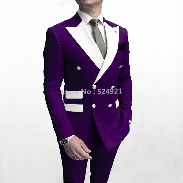 Двубортные мужские костюмы фиолетовые и белые смокинги для жениха с пиковыми лацканами для жениха, свадебный выпускной, мужской костюм из 2 предметов, куртка, брюки, Tie235E