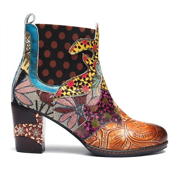 

vintage leather printed ankle boots for women shoes woman leather retro block high heels women boots new fashion booties, Black