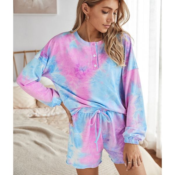 

womens tie dye printed ruffle short lounge set long sleeve and shorts 2 piece pajamas set sleepwear purple s, Gray