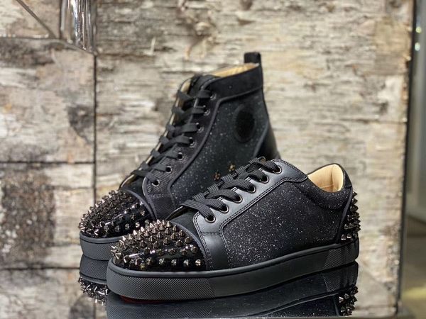 

elegant brand glitter leather & spikes red bottom sneakers for women,men red sole casual shoes discount luxury party wedding eu35-47, Black